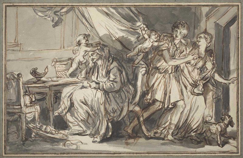 Lovers Profiting From The Drowsiness Of The Grandmother, Sketch, by Jean Baptiste Greuze, 1785